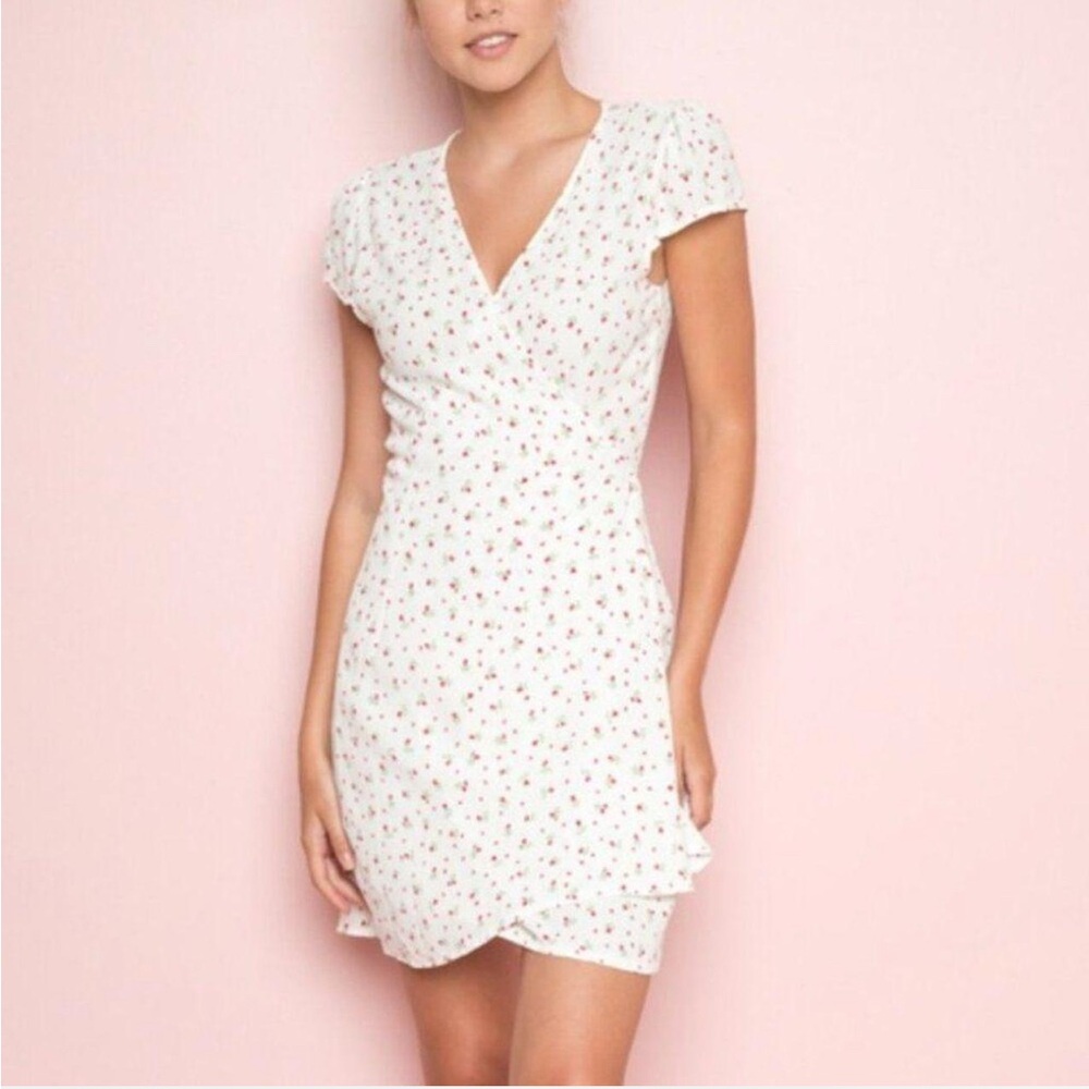 Brandy Melville Floral Wrap Mini Dress White Red Ditsy Coquette Soft Girl
